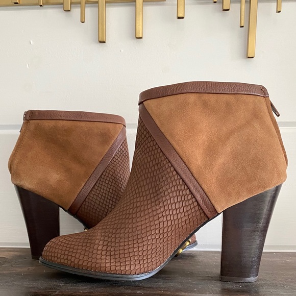 FOSSIL leather/suede ankle boots reptile stacked heel zipper booties size 8 - Picture 4 of 8